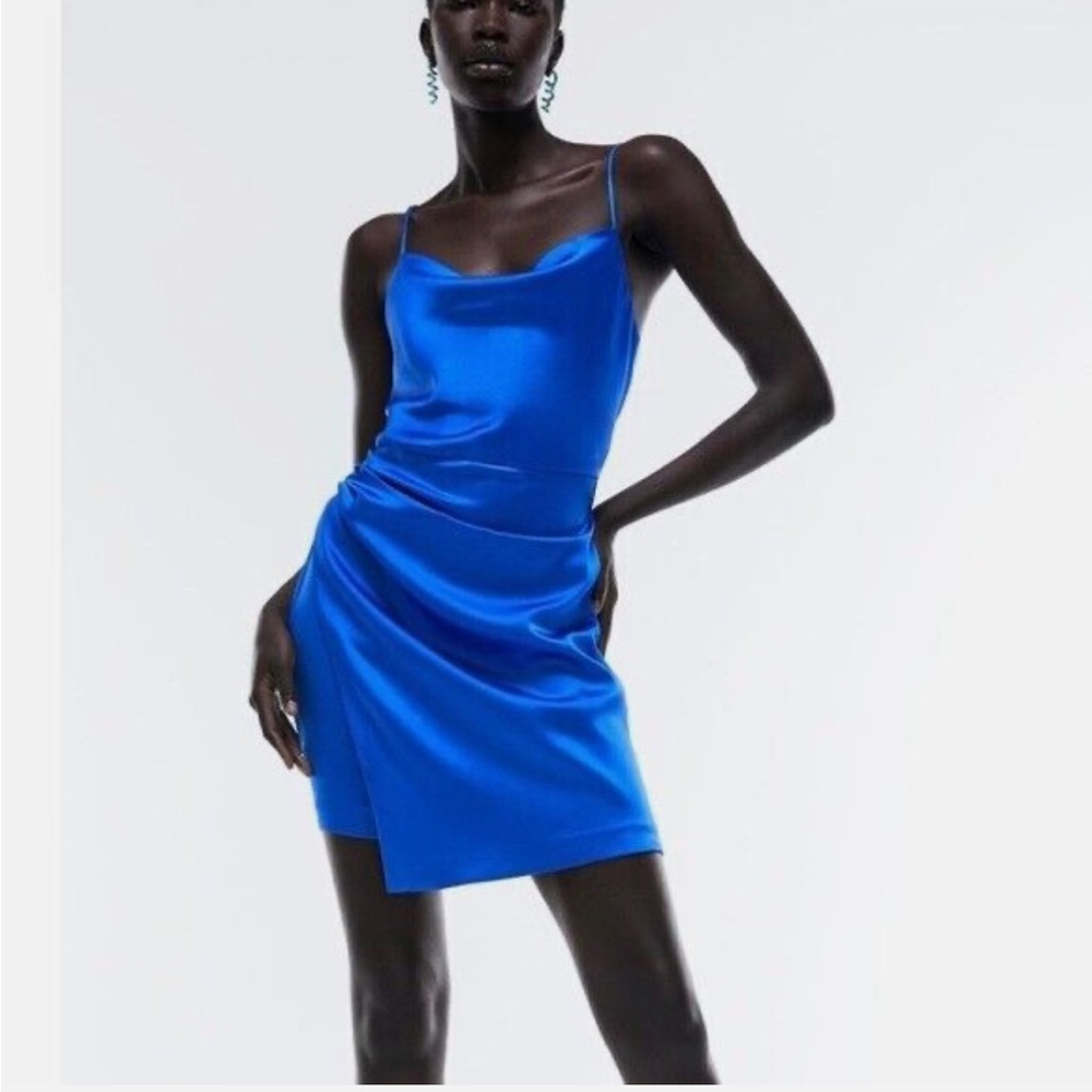 NWT Zara Satin Effect Mini Dress Sleeveless Electric Blue Size S